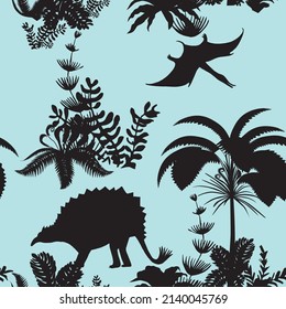 Dinosaur and pterosaur in tropical plants. Vector, pattern, seamless, graphics. For wallpaper and textiles.
