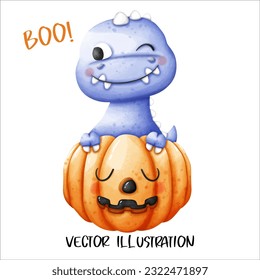 Dinosaur Pumpkin Halloween Element Watercolor Vector File ,Clipart Cute cartoon style For banner, poster, card, t shirt, sticker