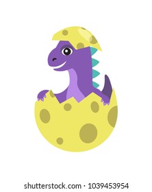 Dinosaur of purple color with smile on face sitting in egg, cartoon friendly dinosaur newborn creature, vector illustration isolated on white background