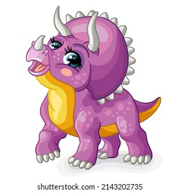 Dinosaur purple triceratops. Cute cartoon character. Vector illustration isolated on white background. For print, design, advertising, stationery, t-shirt and textiles, decor, sublimation.