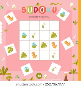 Dinosaurio Puzzle juego para niños. Lindo Dino en Sudoku juego. Ilustración vectorial. Página para el libro de actividades de los niños. Formato cuadrado de hoja de cálculo.