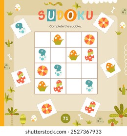 Dinosaur Puzzle game for children. Little Dino in Sudoku game. Vector illustration. Page for kids activity book. Worksheet square format.