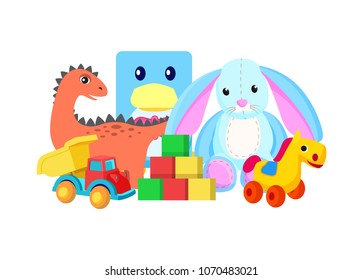 Dinosaur and rabbit toys collection, set of toys van and cubes, horse with wheels and colorful cubes, vector illustration isolated on white background