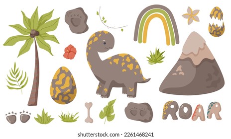 Dinosaur and rainbow set. Illustrations paw, claw predator. Dinosaur footprint perfect for textile, wrap and wallpaper and design