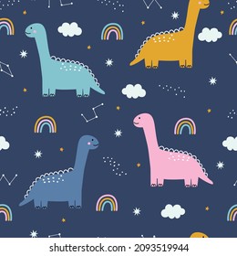 Dinosaur and rainbow in the sky baby seamless pattern cute cartoon animal background hand drawn in kid style The design used for Print, wallpaper, fabric, textile Vector illustration