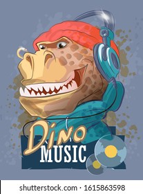 Dinosaur rapper in headphones and a hat. Tyrannosaur, typography slogan.Cartoon character. Can be used for print design greeting card used for print design, banner, poster, flyer template