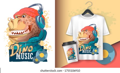 rapero de dinosaurio con audífonos y sombrero. Tyrannosaur, eslogan tipográfico. Afiche y merchandising. Se puede usar para imprimir tarjeta de felicitación de diseño usada para diseño de impresión, banner, afiche, plantilla de volante