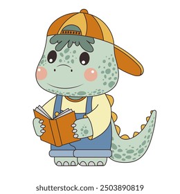 Dinosaur reading a book. Character, flat style, children's illustration on a white background. Poster for the day of the book