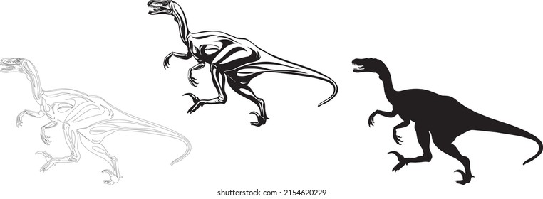 dinosaur realistic image, vector, positions, illustration, black and white, silhouette, logo, chevron for decoration and design, packaging and posters