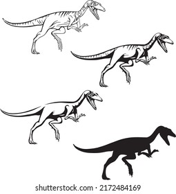 dinosaur realistic image, vector, positions, illustration, black and white, silhouette, logo, trademark, chevron for decoration and design, packaging and posters, Compsognathus