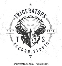 Dinosaur Record Studio Logo Template. Triceratops Music Company Logotype. Dino Tattoo Design. Vector Monster Label. Cretaceous Period Retro Illustration. Furious Dino Insignia Concept