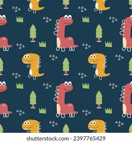 Dinosaur red and yellow cartoon so cute. On mountain tree grass blue background. Pattern seamless vector illustration. 


