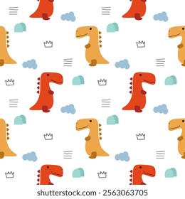Dinosaur red and yellow cartoon so cute. On cloud mountain grass white background. Pattern seamless vector illustration. 