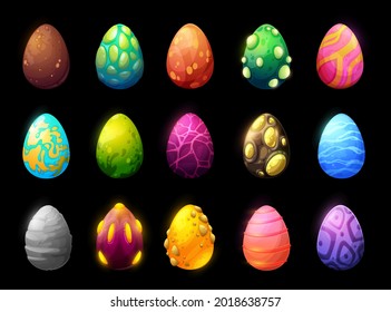 Dinosaur and reptile cartoon eggs, game asset vector set. Dragon eggs with colorful textured shell, pimpled, glowing scales and power energy lightnings and pattern. Isolated magic ui graphic objects