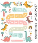 Dinosaur reward chart for girls and boys. Cute baby dino. Table of behavior and routine work of kids. Vector