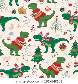 Dinosaur Rex christmas happy new year doodle seamless hand drawn vector pattern.