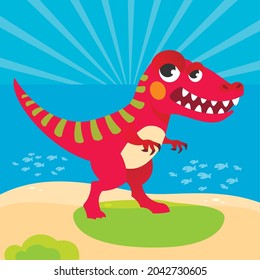 Dinosaur rex on the beach by the sea on a sunny day. Cool illustration for printing on t-shirt and souvenirs