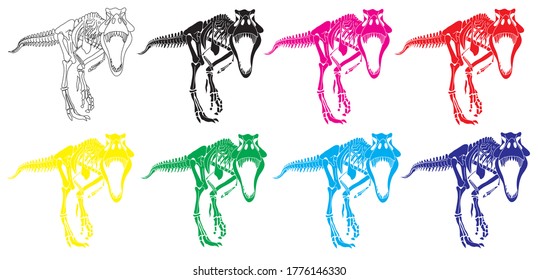Dinosaur Rex Skeleton Tyrannosaurus Multicolored Silhouettes Set in isolate on white background. Vector illustration