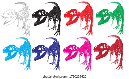 Dinosaur Rex Skeleton Tyrannosaurus Multicolored Silhouettes Set in isolate on white background. Vector illustration