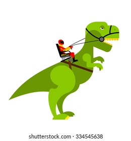 Dinosaur rider. Man sits on back of huge wild Raptor. Teamster dragons. Racer on evil toothy Monster.