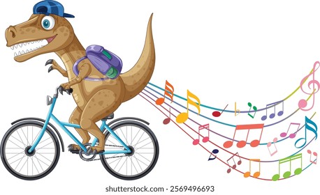 A dinosaur rides a bike with colorful music notes