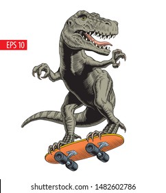 Dinosaur rides on skateboard. Comic style vector illustration.