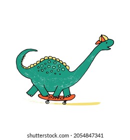 dinosaur rides on skateboard, young and green. Grunge Illustration for boys t-shirt prints and children sport design