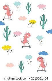 A dinosaur rides a scooter among cacti. Pink Tyrannosaurus have fun .Children's Illustration with a Tirex