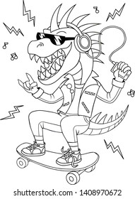 Dinosaur rides a skateboard. Vector illustration of a cool tyrannosaur with sunglasses and headphones. Black outline for coloring book