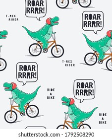 Dinosaur riding the bicycle. Seamless pattern for t-shirt prints and other uses.