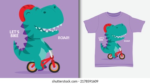 Dinosaur riding a bicycle, with t-shirt mock up