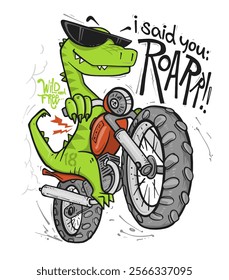 Dinosaur riding a motorbike vector print design.