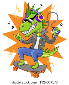 The dinosaur is riding on a skateboard. Vector illustration of a cool tyrannosaur with sunglasses and headphones.