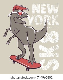 Dinosaur riding on skateboard. Vector illustration of a funny tyrannosaur with sunglasses. Skateboard typography for t-shirt. Tee graphics