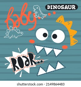 Dinosaur with roar on striped background illustration vector, T-shirt design for kids.