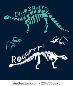 'dinosaur' and "Roar" typography. Dinosaur skeleton illustration. Dinosaur fossil vector illustration