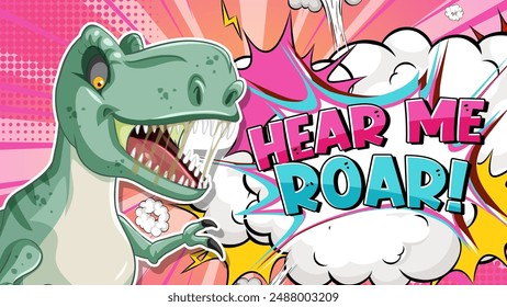 Dinosaur roaring with comic-style text and clouds