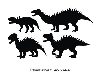 Dinosaur roaring in different positions, silhouette set vector. Big dinosaur standing silhouette collection on a white background. Historic carnivore animals full body silhouette bundles.