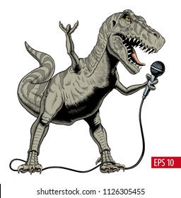 Dinosaur rock singer holding microphone. Tyrannosaurus or T. rex. Vector illustration.