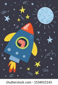 Dinosaur in rocket flat vector illustration.  Scandinavian style animal traveling in space. Children textile, t-shirt print