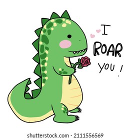 Dinosaur with rose flower, I roar you cartoon vector illustration