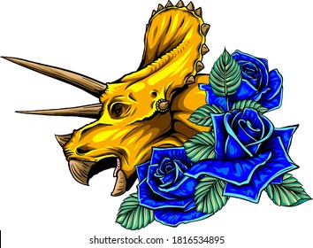 dinosaur and roses frame. vector design. Concept art drawing.