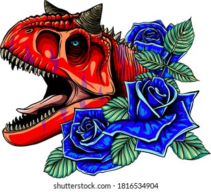 dinosaur and roses frame. vector design. Concept art drawing.