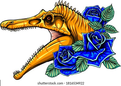 dinosaur and roses frame. vector design. Concept art drawing.
