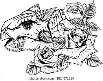 dinosaur and roses frame. vector design. Concept art drawing.