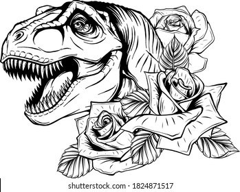 dinosaur and roses frame. vector design. Concept art drawing.