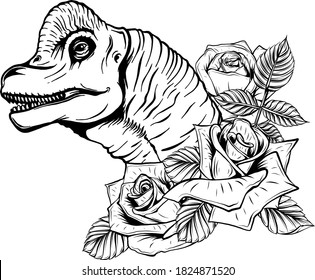 dinosaur and roses frame. vector design. Concept art drawing.