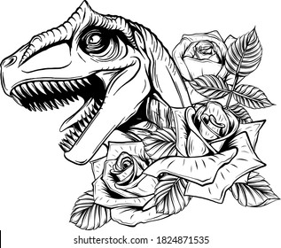 dinosaur and roses frame. vector design. Concept art drawing.