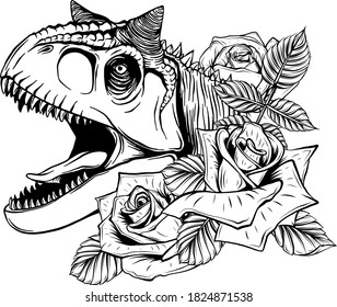 dinosaur and roses frame. vector design. Concept art drawing.