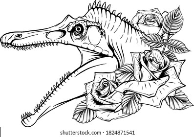 dinosaur and roses frame. vector design. Concept art drawing.